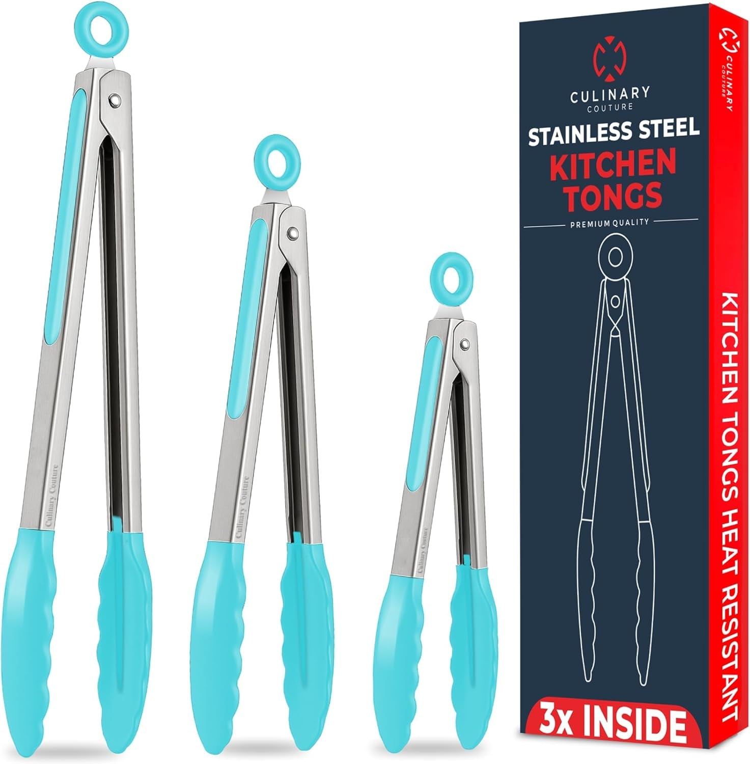 Silicone Kitchen Tongs for Cooking with Silicone Tips, Heat Resistant Tongs for Serving Food, 7-Inch, 9-Inch, 12-Inch Locking Tongs, Set of 3 Salad Tongs, Aqua Sky Kitchen Utensils