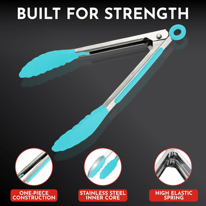 Silicone Kitchen Tongs for Cooking with Silicone Tips, Heat Resistant Tongs for Serving Food, 7-Inch, 9-Inch, 12-Inch Locking Tongs, Set of 3 Salad Tongs, Aqua Sky Kitchen Utensils