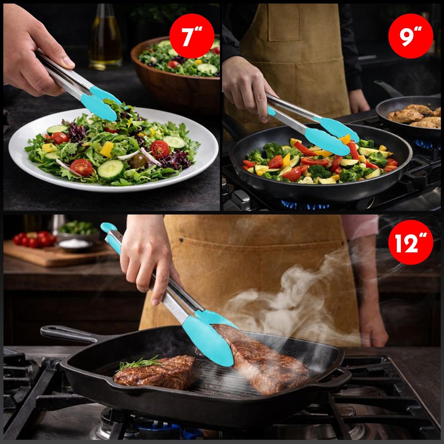 Silicone Kitchen Tongs for Cooking with Silicone Tips, Heat Resistant Tongs for Serving Food, 7-Inch, 9-Inch, 12-Inch Locking Tongs, Set of 3 Salad Tongs, Aqua Sky Kitchen Utensils