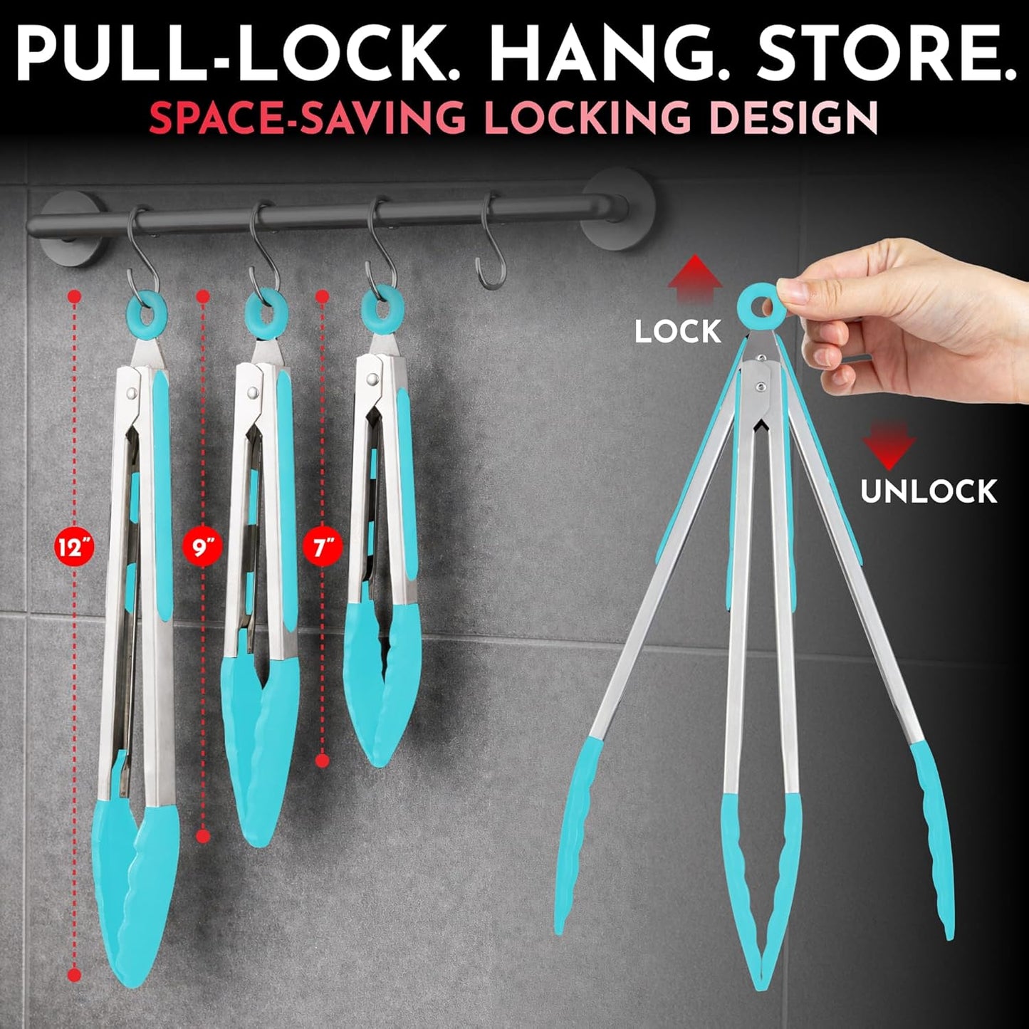 Silicone Kitchen Tongs for Cooking with Silicone Tips, Heat Resistant Tongs for Serving Food, 7-Inch, 9-Inch, 12-Inch Locking Tongs, Set of 3 Salad Tongs, Aqua Sky Kitchen Utensils