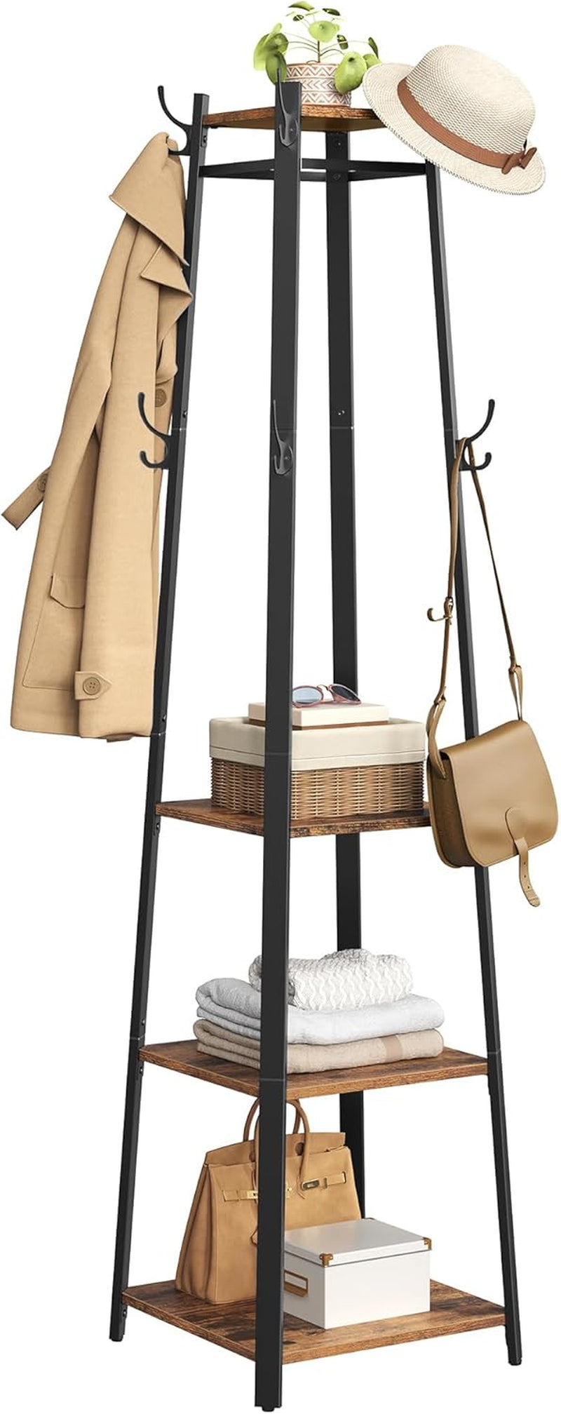ALINRU Coat Rack with 3 Shelves, Stand with Hooks for Scarves, Bags and Umbrellas, Steel Frame, Industrial Style, Rustic Brown and Black ULCR80X